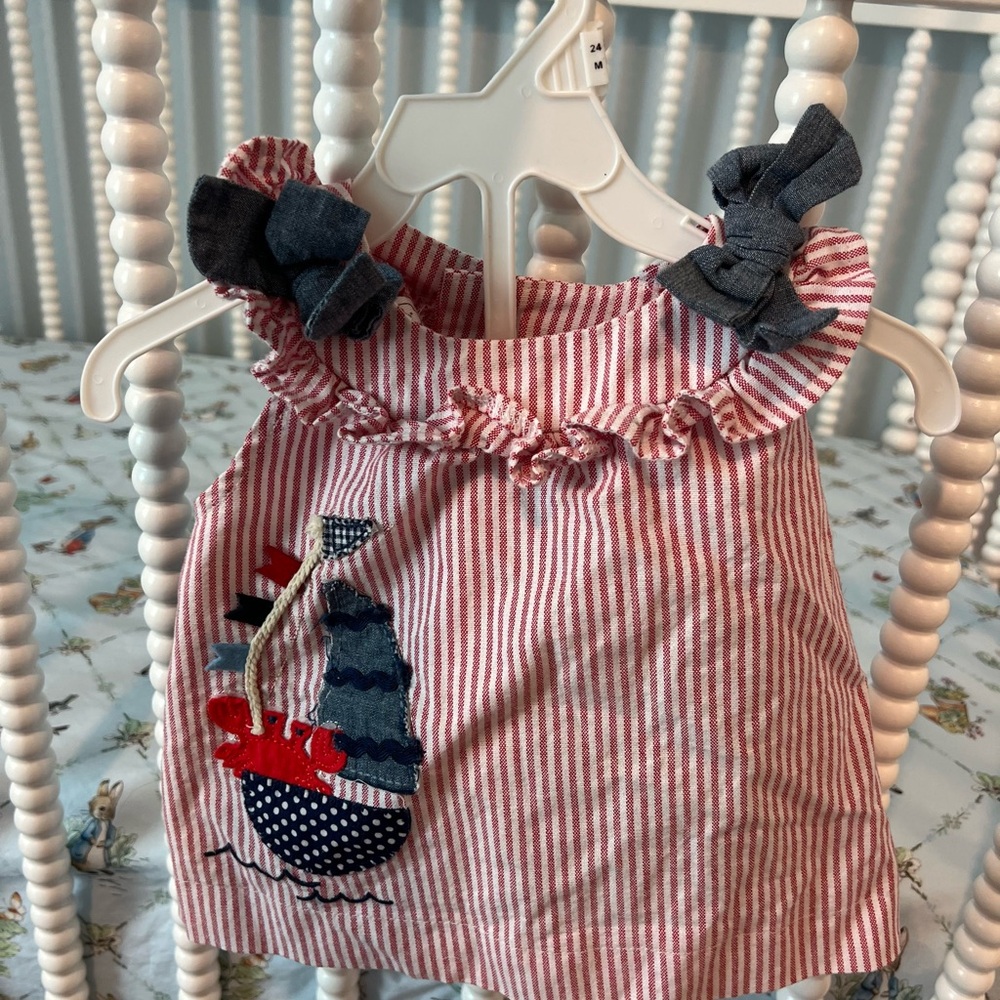 Mud Pie Red & White Striped Sailboat Ruffle Tank set. Perfect for 4th of July